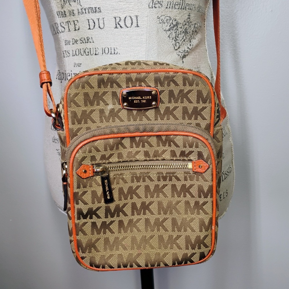Michael Kors Signature Flight Crossbody Bag Brown Orange Leather Trim - Picture 2 of 16